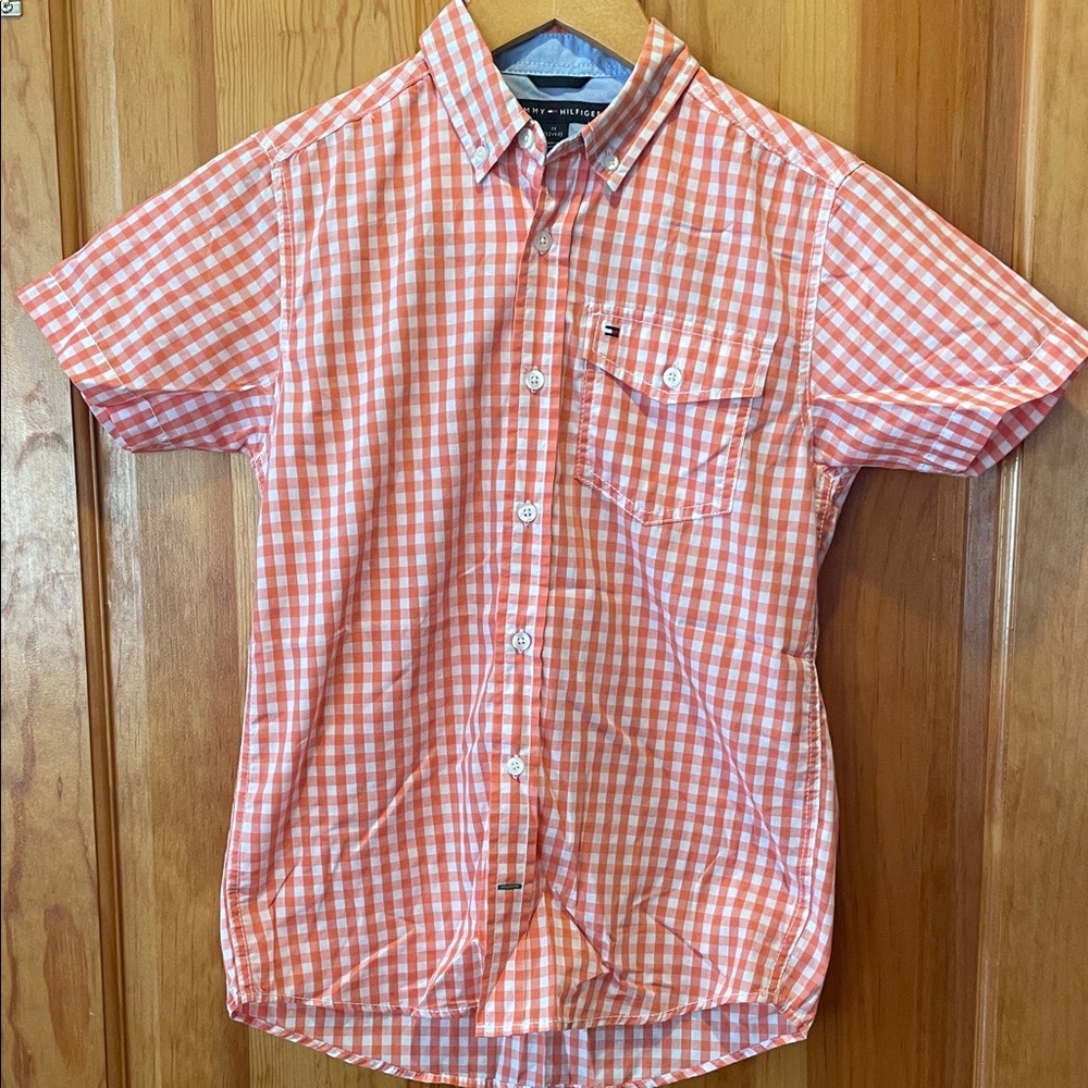 Tommy Hilfiger Boy’s Orange Gingham Long Sleeve Button Down shirt. Size 12/14